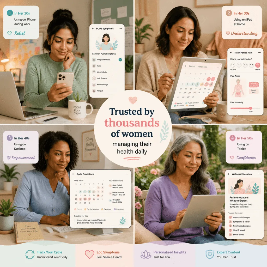 Women's Health Companion app interface showing cycle predictions