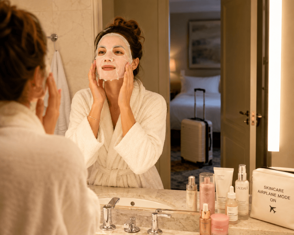 influencer using cream cleanser for dry skin before long haul flight
