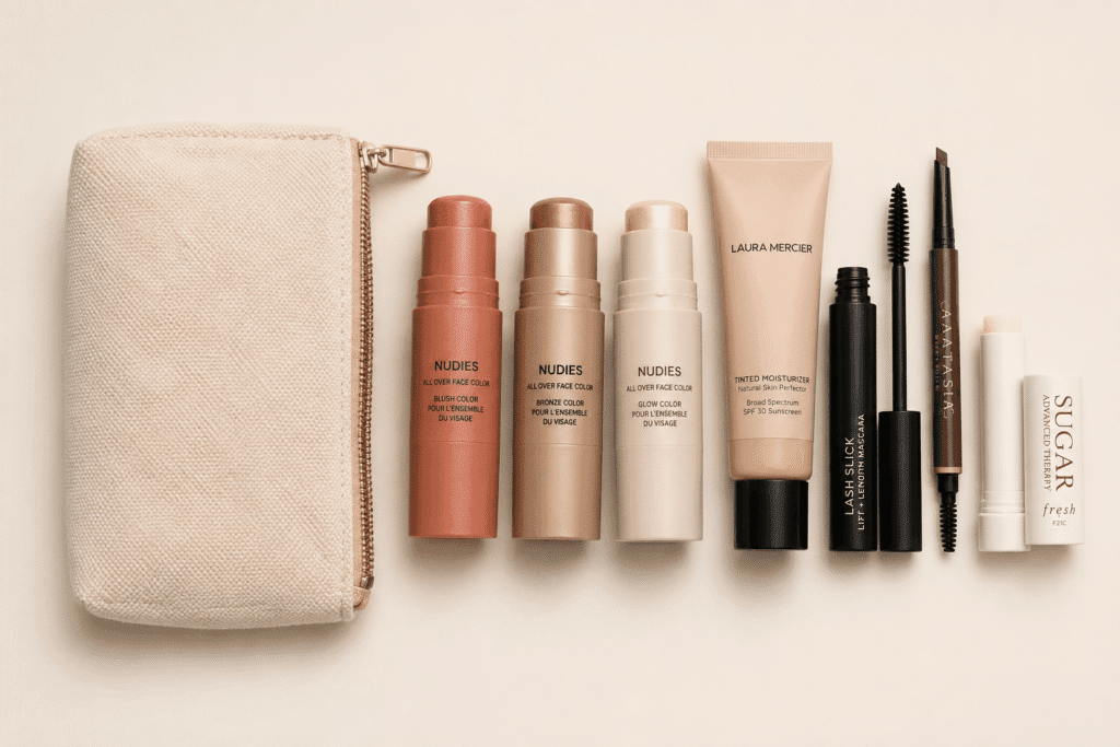 Minimalist makeup kit flat lay