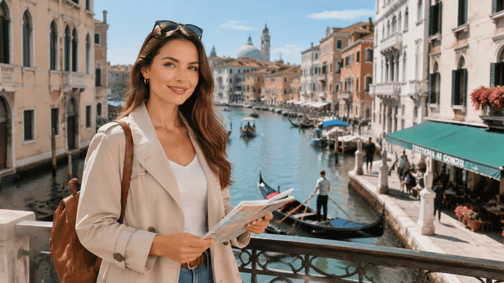 Modern British woman in travel outfit at international destination