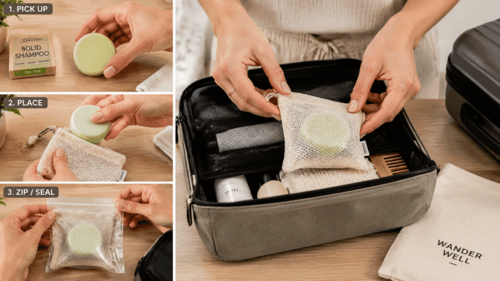 Woman packing solid shampoo bar into small mesh pouch or ziplock bag.
