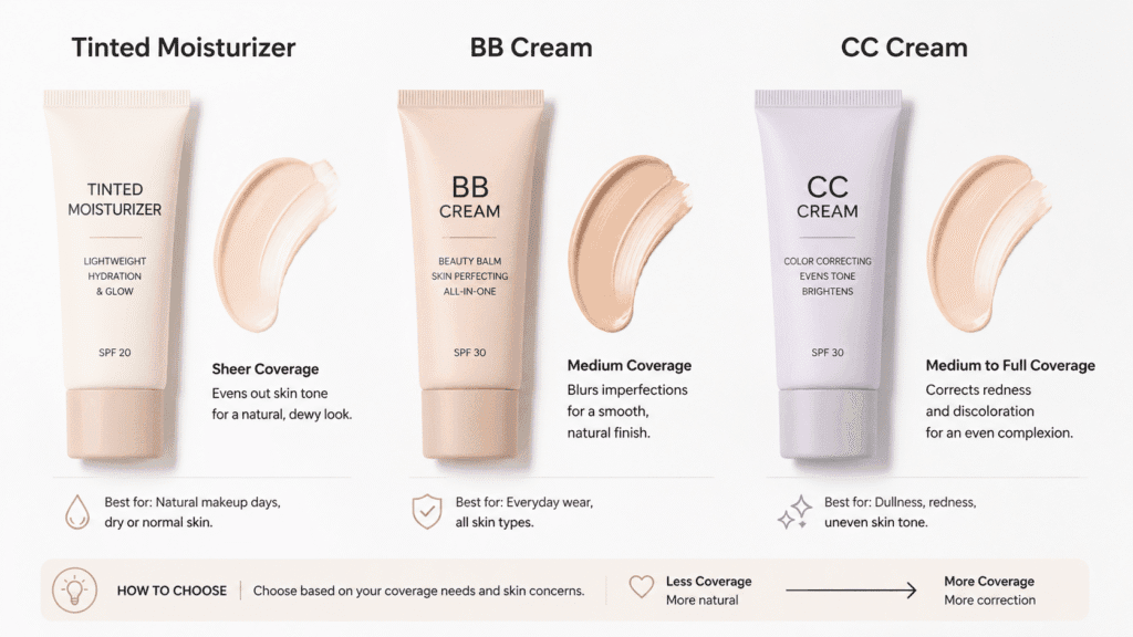 tinted moisturizer vs BB cream vs CC cream comparison for humid weather travel