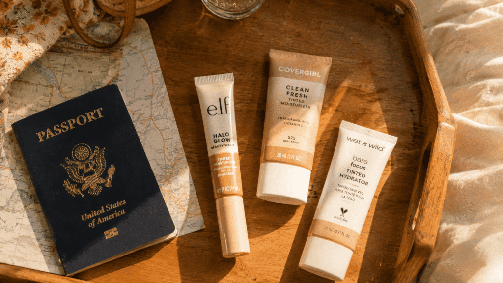 budget drugstore tinted moisturizer with SPF for travel in humid weather