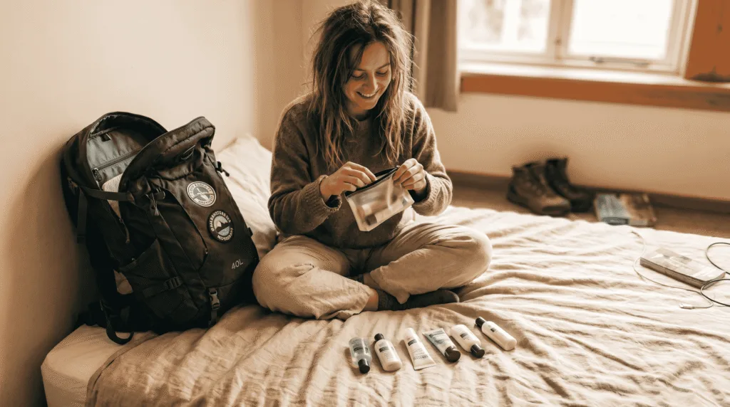 backpacking influencer showing minimalist travel makeup kit essentials for backpacking
