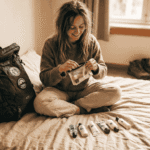 backpacking influencer showing minimalist travel makeup kit essentials for backpacking