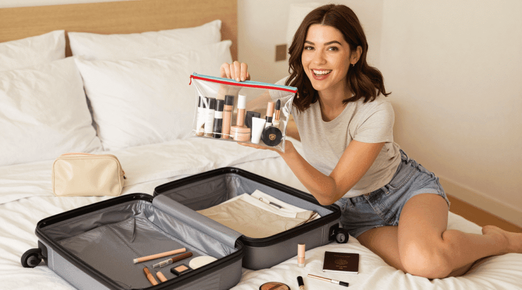 influencer showing how to pack cosmetics in a carry on bag for a 3 day trip