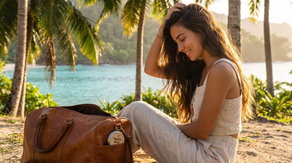  travel influencer showing perfect frizz free hair results from best travel size hair wax in humid tropical weather
