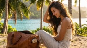 travel influencer showing perfect frizz free hair results from best travel size hair wax in humid tropical weather