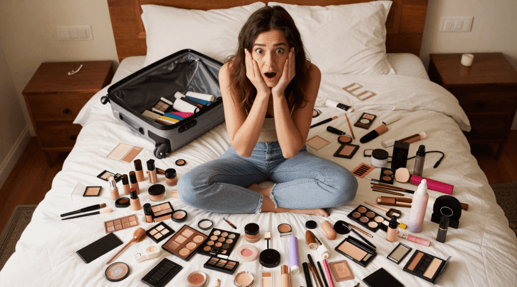 influencer showing overpacked cosmetics bag travel mistake before 3 day trip