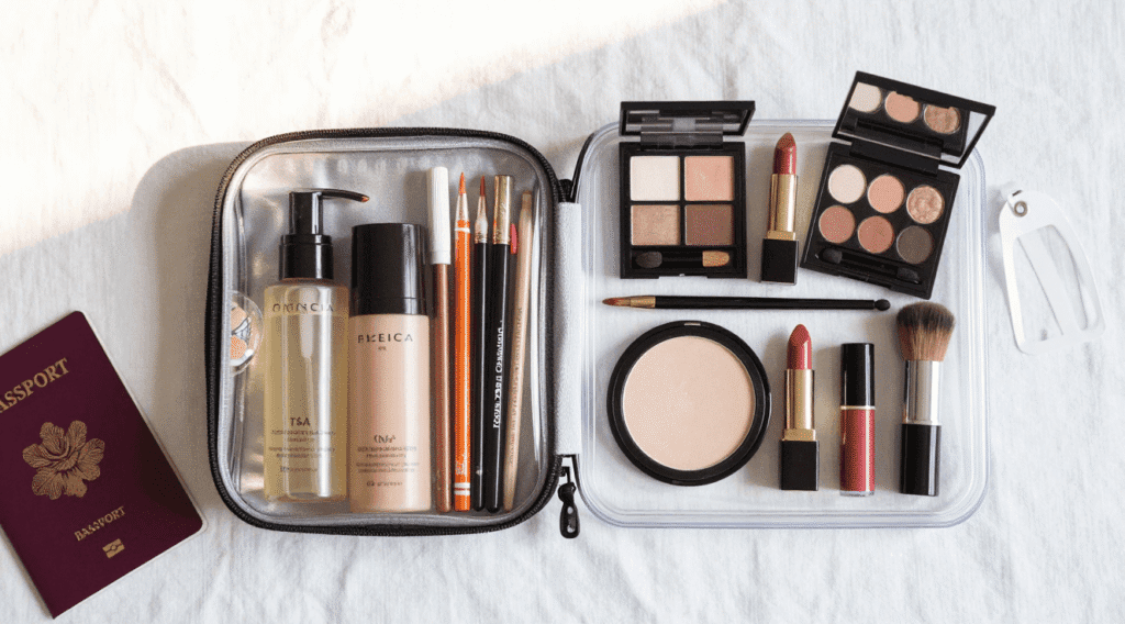 influencer flat lay of complete cosmetics kit for 3 day carry on trip