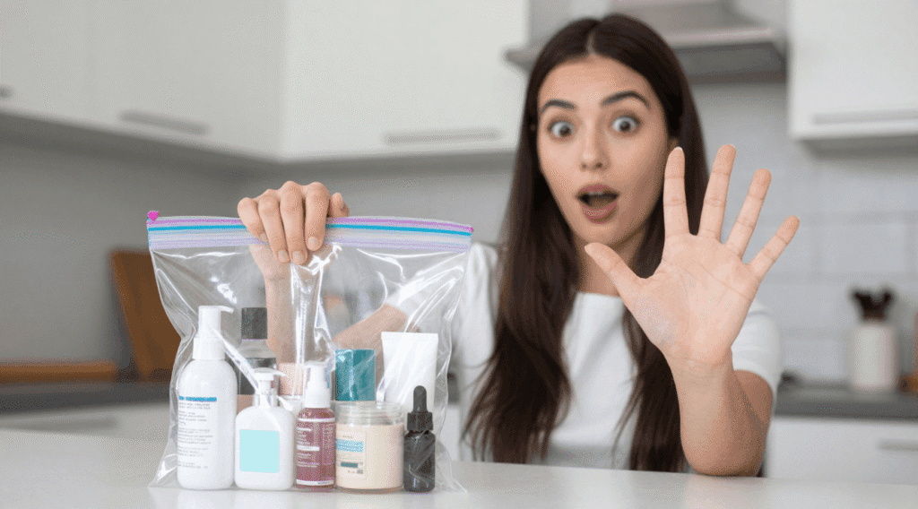 influencer explaining TSA 3-1-1 rules for cosmetics in carry on bag