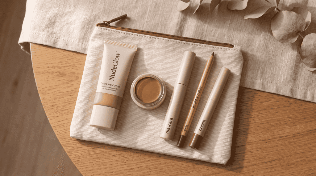 backpacker influencer flat lay of five product minimalist makeup kit for backpacking
