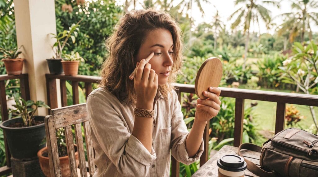  backpacker influencer explaining how to choose makeup products for backpacking conditions
