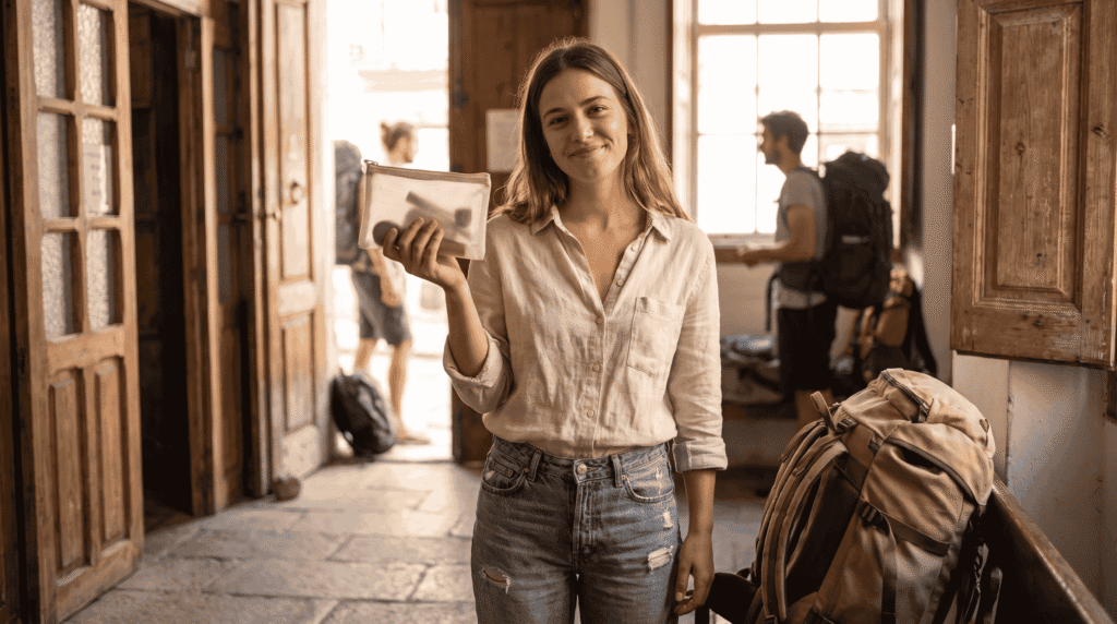 backpacker influencer showing complete 7 day minimalist makeup kit example for backpacking
