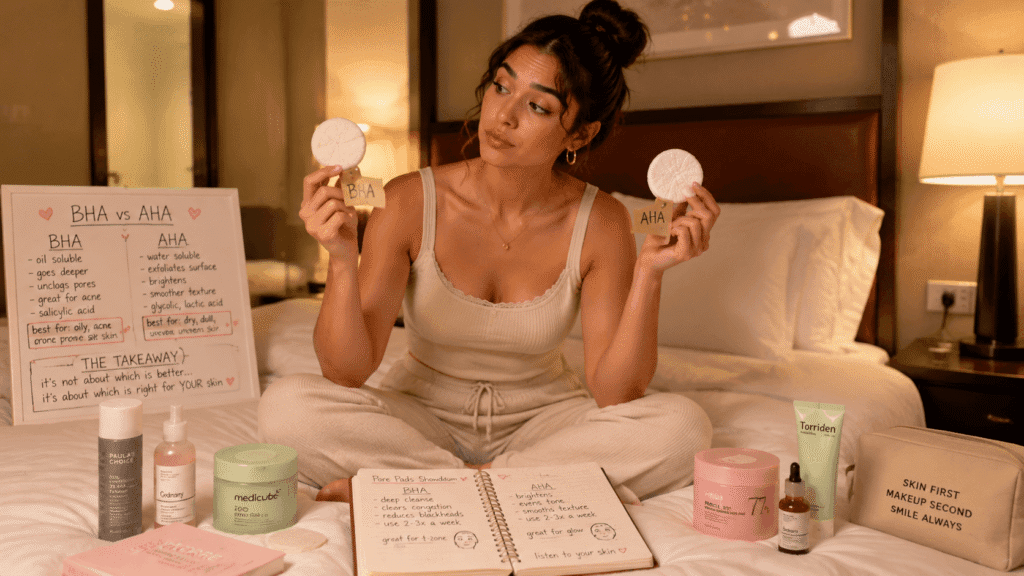 difference between BHA and AHA pore pads for travel skin types
