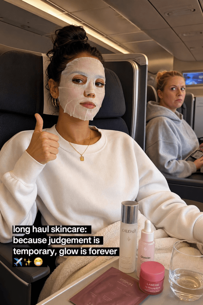  influencer doing post landing skincare recovery routine for dry skin after long flight
