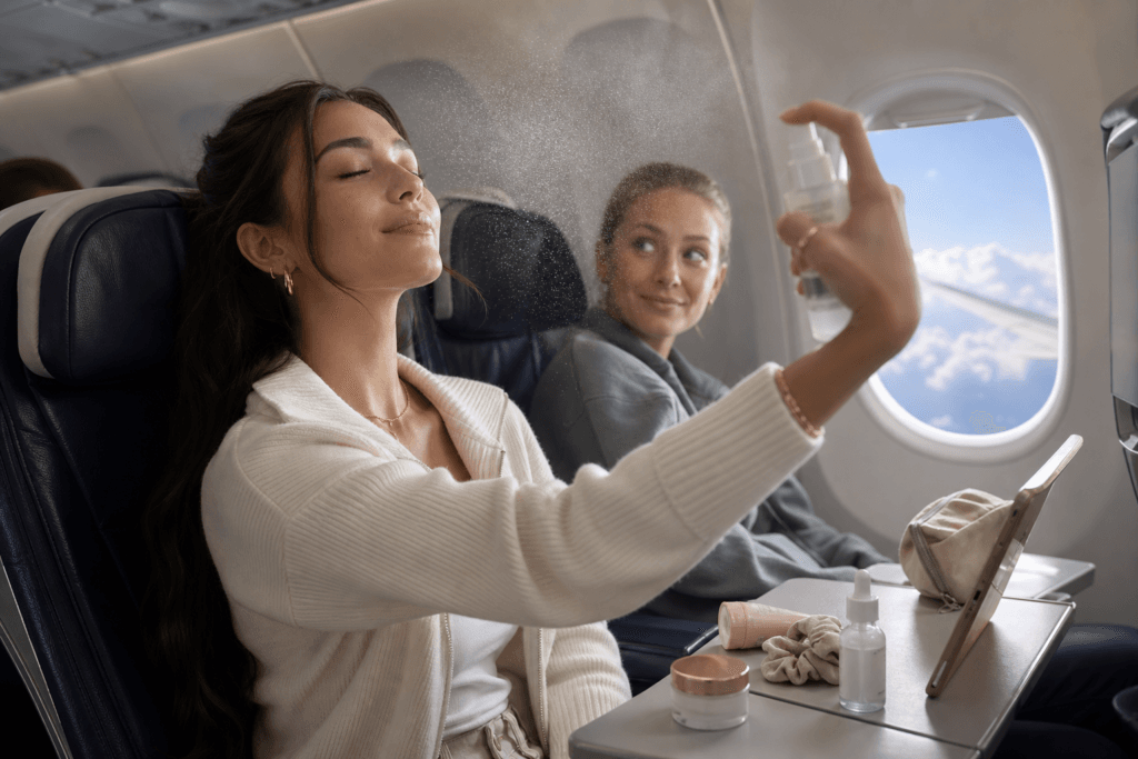 influencer using facial mist to refresh dry skin during long haul flight