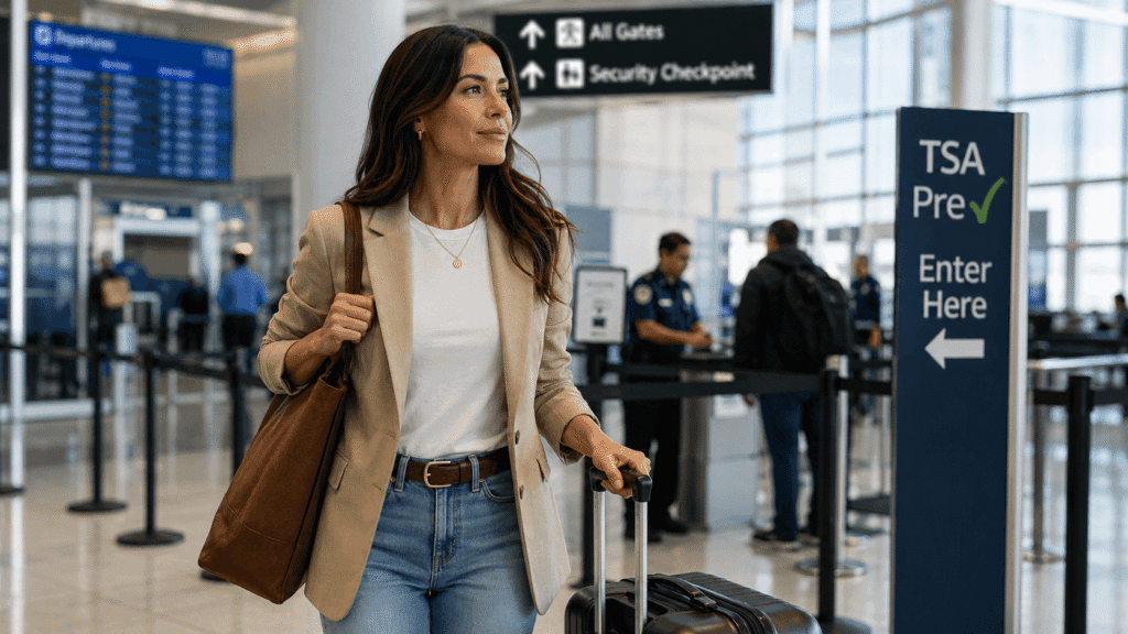 standing in airport or heading through security with carry-on luggage