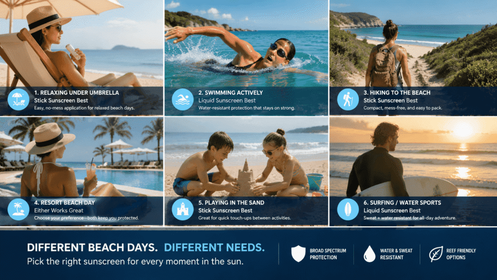 sunscreen stick vs liquid for different beach situations