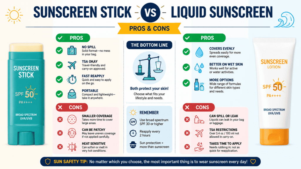 sunscreen stick vs liquid sunscreen pros and cons
