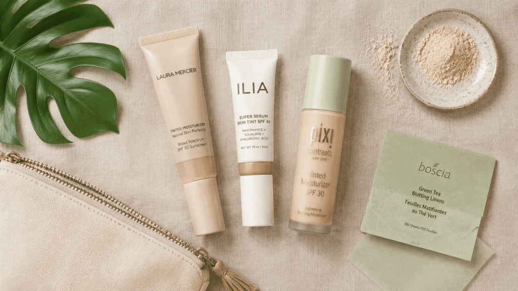 best non-greasy tinted moisturizer with SPF for humid weather travel