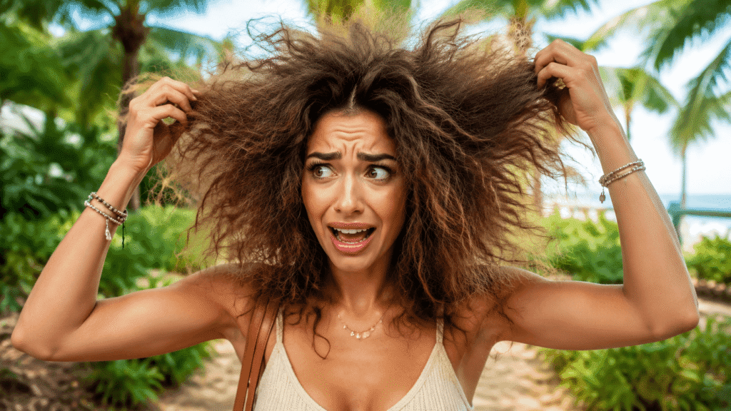  travel influencer showing hair destroyed by tropical humidity frizz
