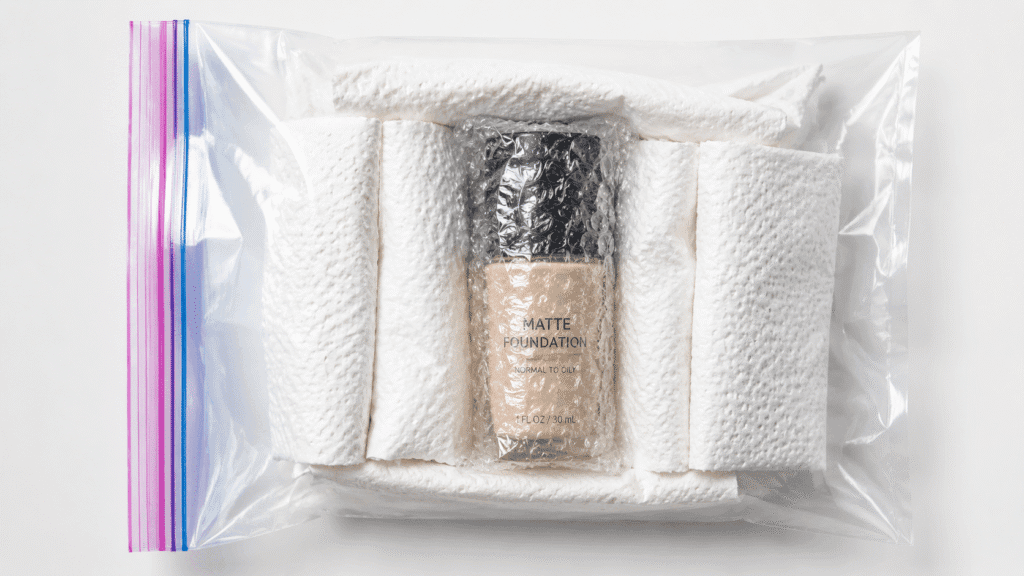 wrapped foundation bottle inside with absorbent material