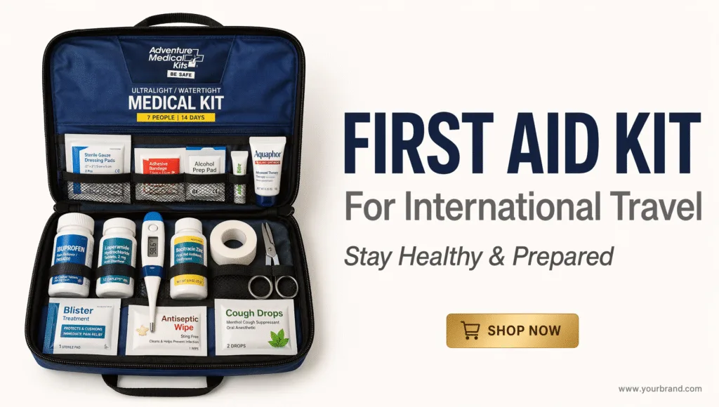 Organized flat-lay of first aid kit contents showing all essential medical supplies for travel including medications bandages and instruments