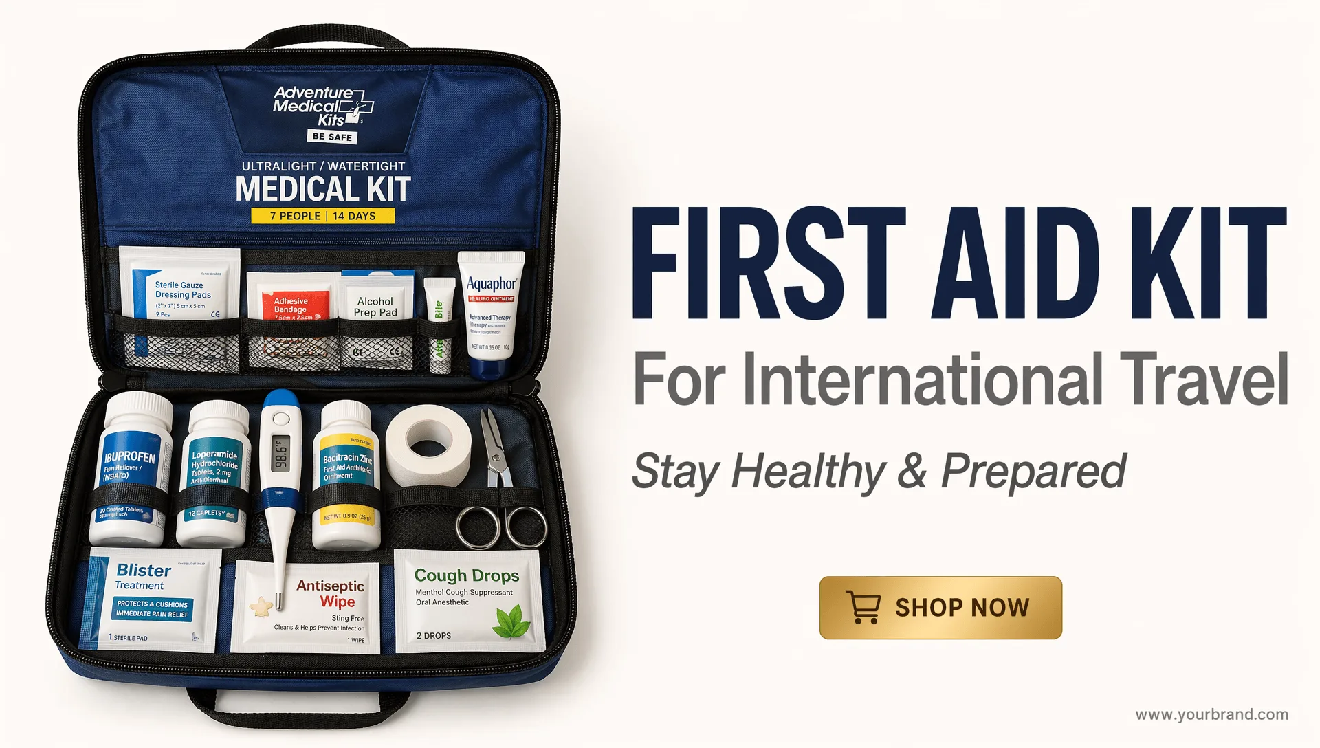 Organized flat-lay of first aid kit contents showing all essential medical supplies for travel including medications bandages and instruments