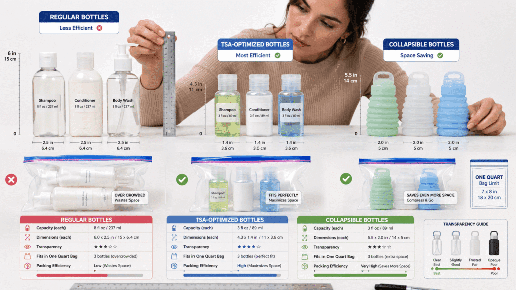 traveler testing and comparing 9 different TSA-approved bottles through multiple security lines