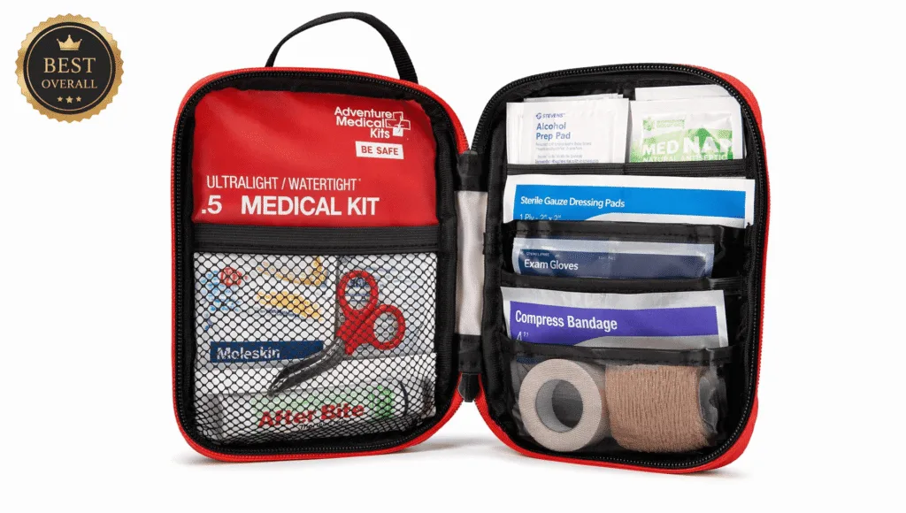 Adventure Medical Kits Ultralight travel first aid kit showing professional product photography with contents and pricing