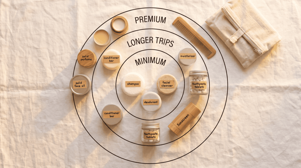 travel influencer flat lay of complete solid toiletries kit for travel organized by trip length