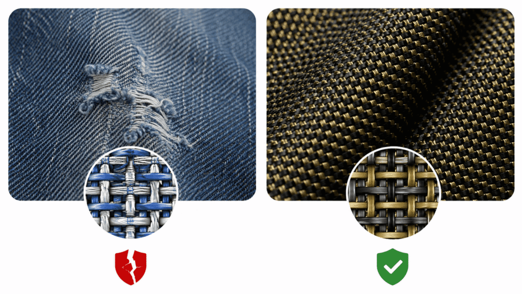 Fabric comparison showing denim versus kevlar-reinforced motorcycle riding pants protection difference