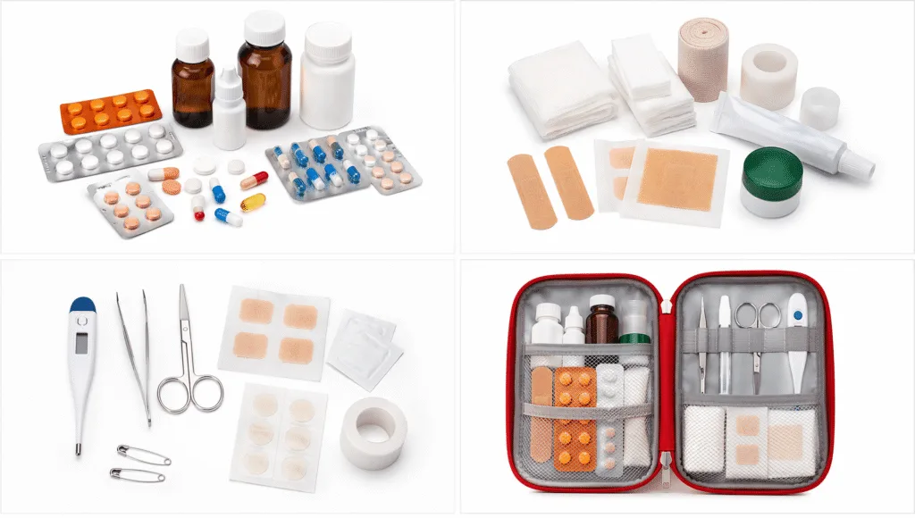 Step-by-step visual guide showing how to build your own travel first aid kit from individual medical supplies and items
