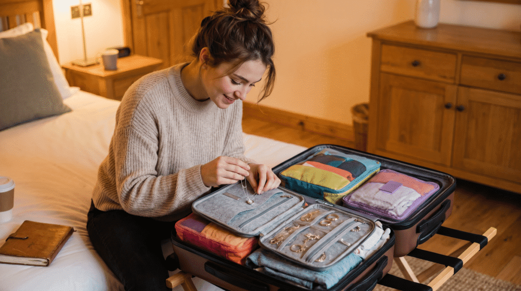  travel influencer organizing jewelry in compartment organizer with delicate necklaces protected in luggage

