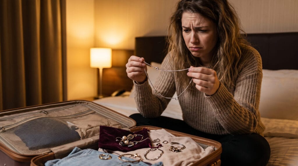 traveler holding broken necklace disappointed showing jewelry damage from poor packing