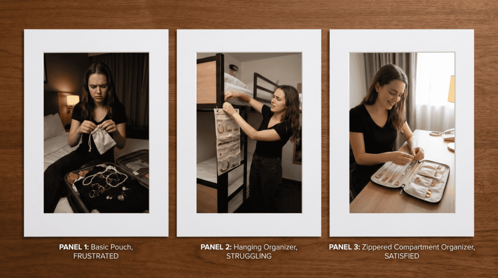 traveler testing comparing 7 different jewelry organizers across multiple travel destinations
