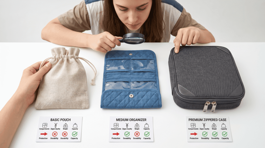  traveler comparing jewelry organizer features compartments zippers protection quality materials
