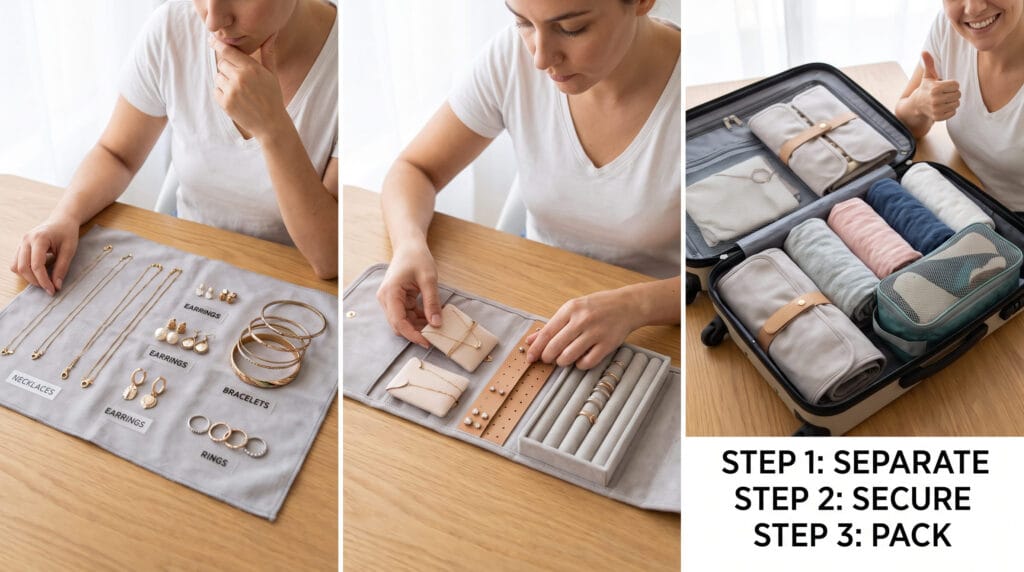traveler demonstrating proper jewelry packing technique separating organizing pieces by type
