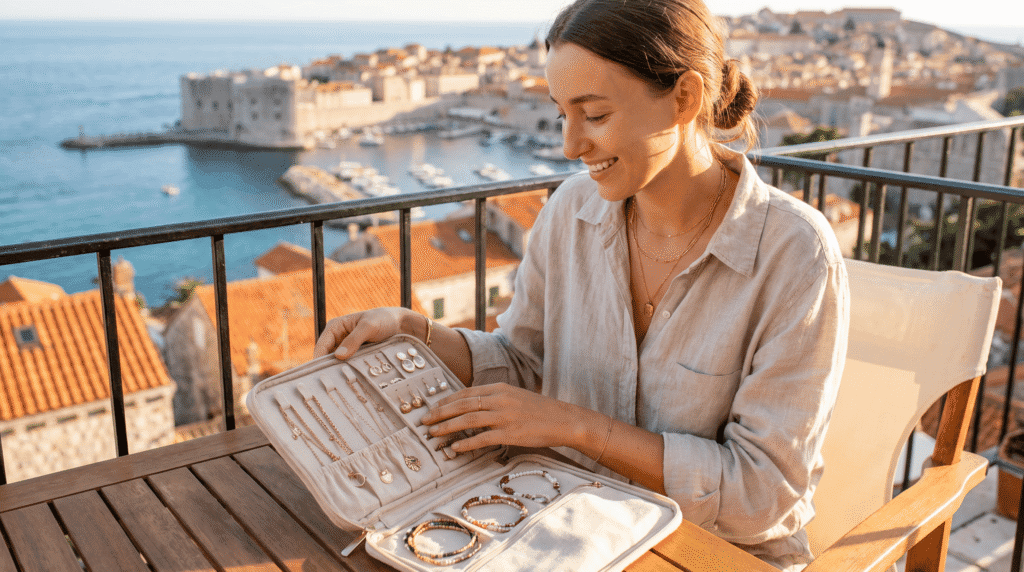 traveler unpacking jewelry at destination finding all pieces intact protected and organized

