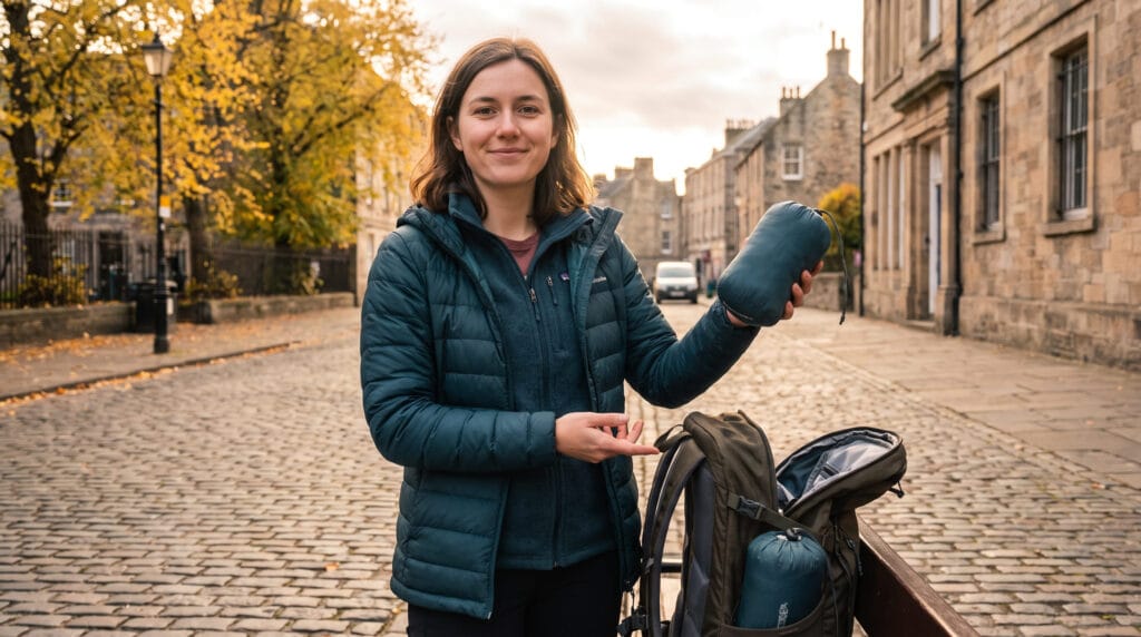 travel influencer wearing packable hybrid jacket in cool weather with jacket packed into small bag visible