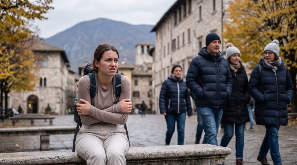 traveler shivering without proper jacket in cool weather looking cold and miserable
