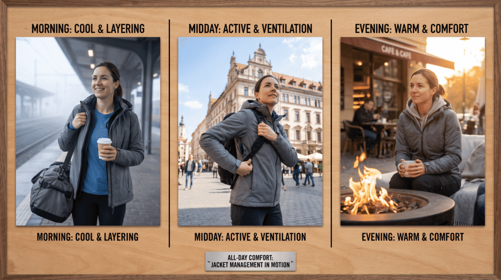 traveler demonstrating proper jacket layering technique throughout day warm to cold transitions