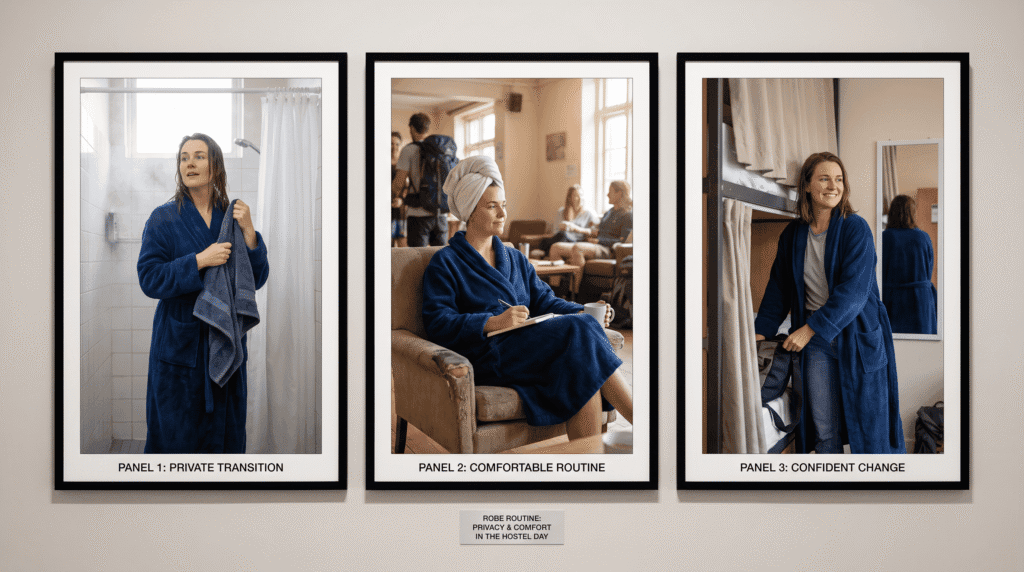backpacker demonstrating proper robe use in hostel getting ready routine step by step