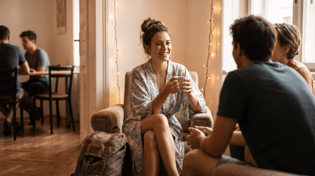 backpacker feeling confident and comfortable in hostel with travel robe providing privacy