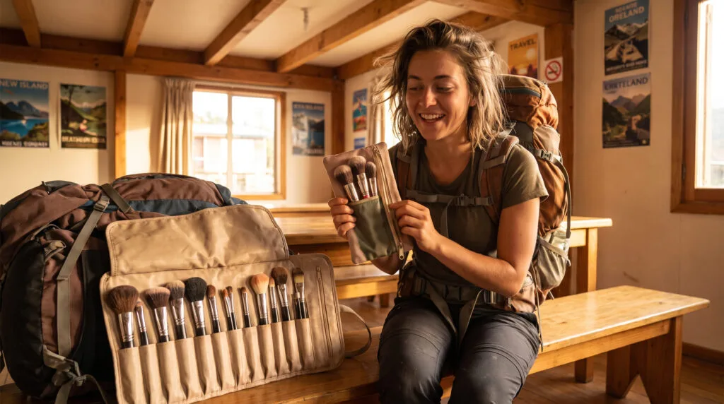 backpacker influencer showing minimalist travel makeup brush set compared to full collection with backpack
