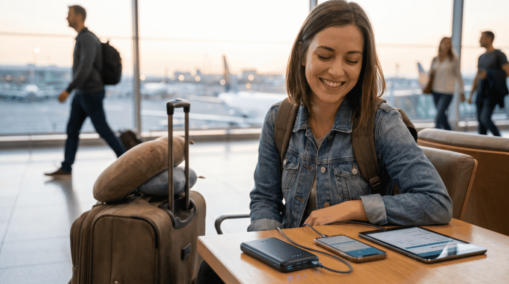 travel influencer charging phone with portable charger in international airport with multiple devices
