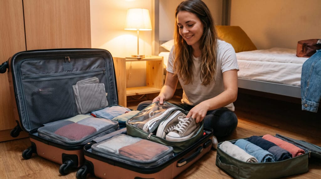 travel influencer packing shoes in organized compartment bag with clothes safely separated in suitcase