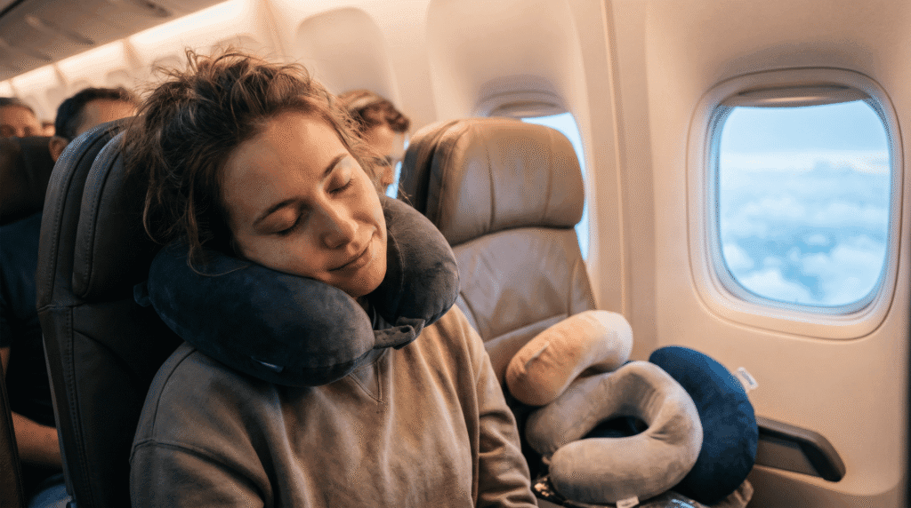 travel influencer testing and comparing travel pillows on long flight with neck support demonstration