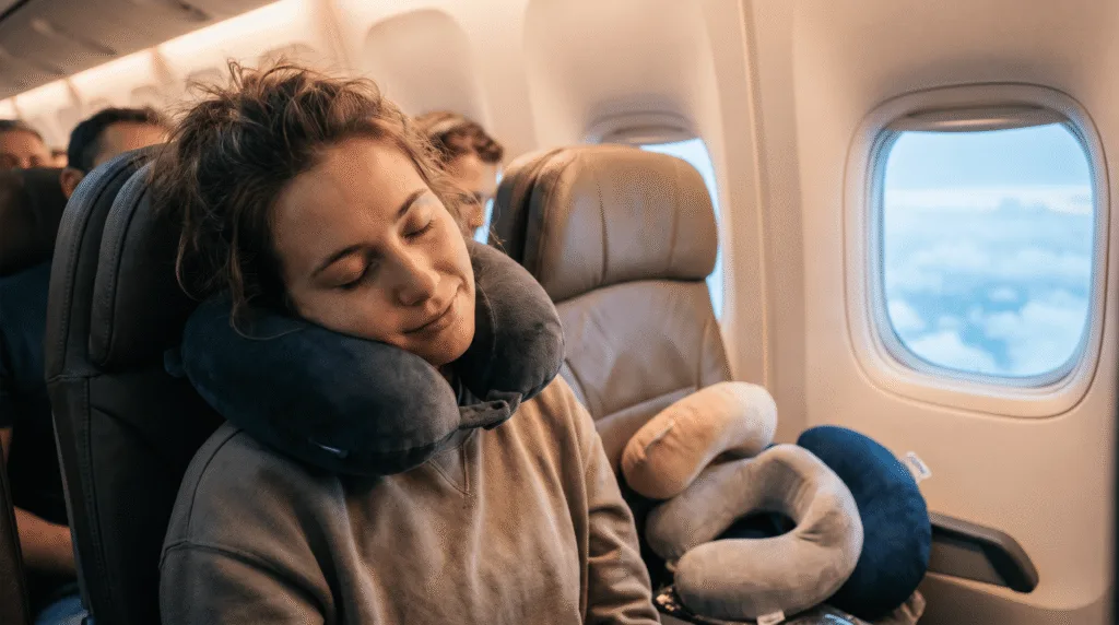 travel influencer testing and comparing travel pillows on long flight with neck support demonstration
